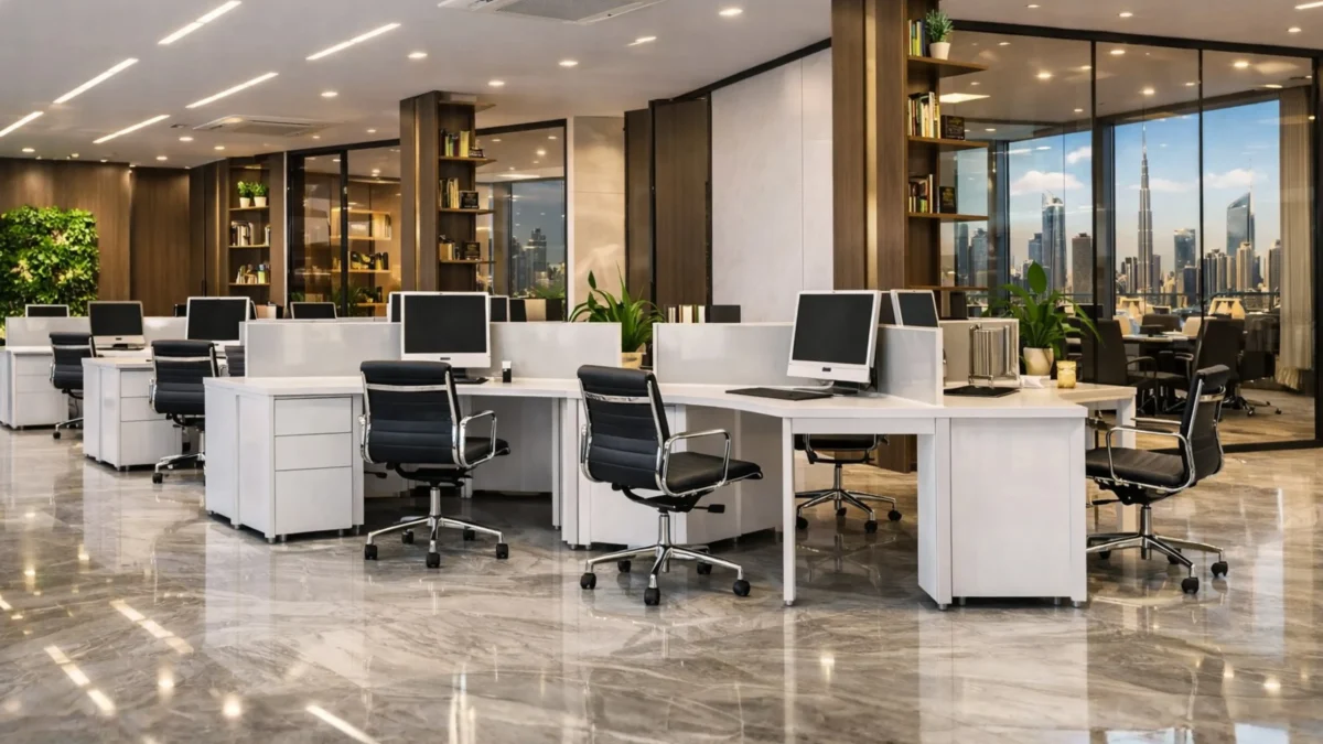 Modern open-plan office with rows of desks, computers, and swivel chairs on a shiny marble floor. Large windows reveal a cityscape and skyscrapers outside. The space has plants and glass-walled meeting rooms.