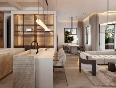 Modern open-plan living space with a marble island kitchen, dining area, and lounge featuring neutral tones, sleek furniture, and large windows with natural light.