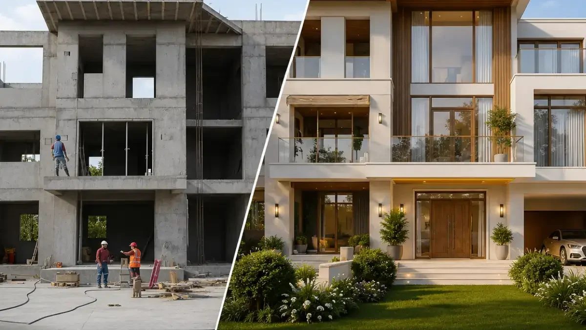 A side-by-side comparison shows a villa renovation by interioritalia, with the modern house under construction on the left and the completed home with landscaping on the right.