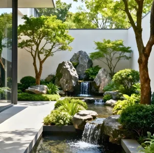 A modern courtyard garden with a small waterfall, rocks, lush green plants, and trees. Sunlight filters through the trees, creating a tranquil atmosphere beside a glass-walled building—an elegant landscape design by interioritalia.