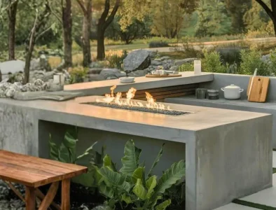 Modern outdoor kitchen with a concrete countertop and built-in fire feature, surrounded by lush greenery, trees, and stone paths. A wooden bench sits beside the kitchen under a warm, sunset sky.