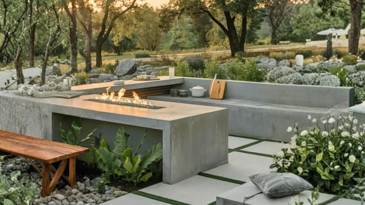 Modern outdoor kitchen with a concrete countertop and built-in fire feature, surrounded by lush greenery, trees, and stone paths. A wooden bench sits beside the kitchen under a warm, sunset sky.