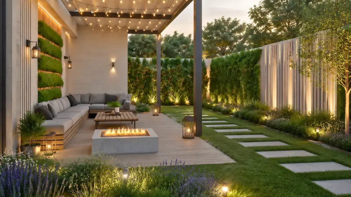 Modern backyard patio with pergola, string lights, outdoor sectional sofa, fire pit, and lush landscaping by interioritalia—featuring hedges, a stone path, and garden lanterns—all brought together with expert landscape design.