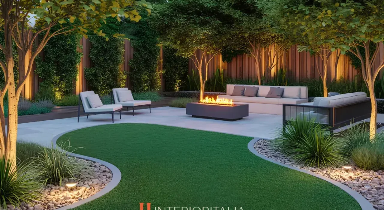 Serene backyard with a well-manicured lawn, modern seating, and a rectangular fire pit. Trees and decorative lighting create a warm, inviting atmosphere.
