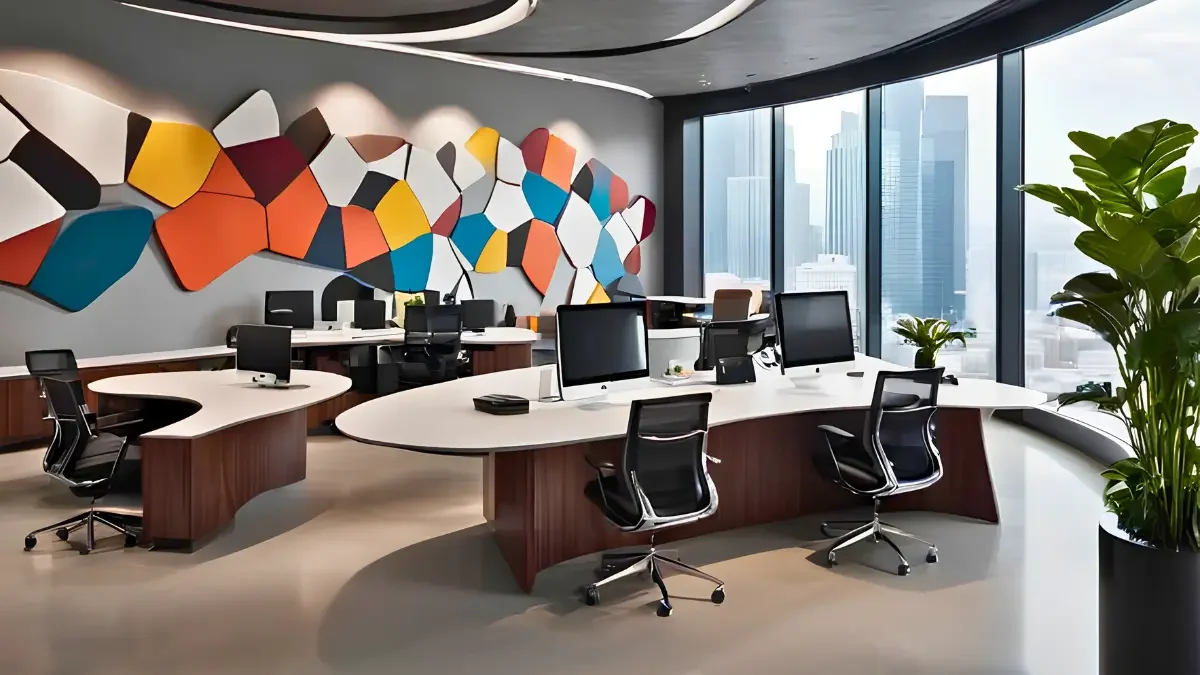A modern office interior featuring colorful walls and a spacious desk, designed for a vibrant work environment.
