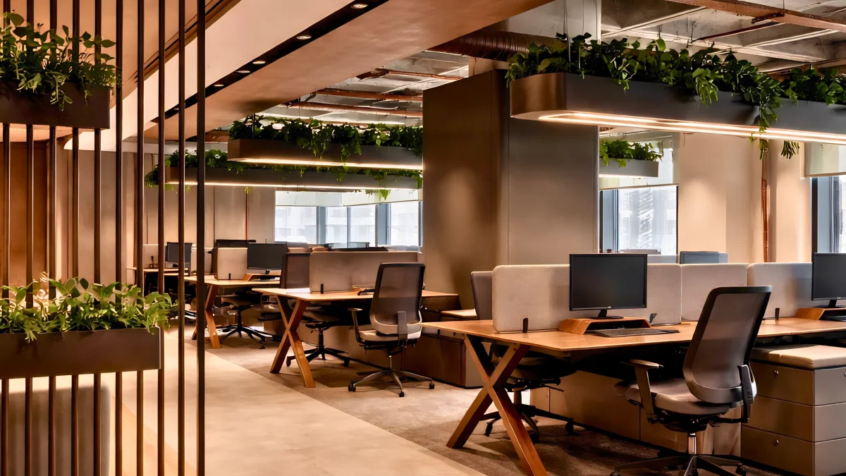 Modern open-plan office interior design and fit out by InteriorItalia, featuring rows of desks, ergonomic chairs, computer monitors, and lush greenery. Warm lighting and large windows create a welcoming, contemporary workspace.