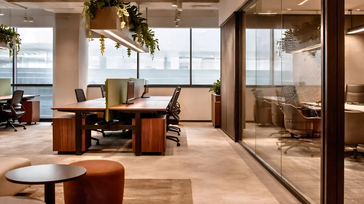Modern office space with wooden desks, rolling chairs, glass-walled meeting room, large windows, ceiling lights, and hanging plants. Office interior design and fit out by interioritalia are showcased in the layout and furnishings.