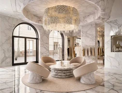 Elegant, modern showroom with marble floors and walls, large arched windows, a round marble table surrounded by four plush chairs, a dramatic chandelier overhead, and racks of clothing—an impressive retail interior fit out by Interioritalia.