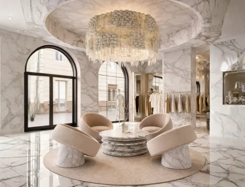 Elegant, modern showroom with marble floors and walls, large arched windows, a round marble table surrounded by four plush chairs, a dramatic chandelier overhead, and racks of clothing—an impressive retail interior fit out by Interioritalia.