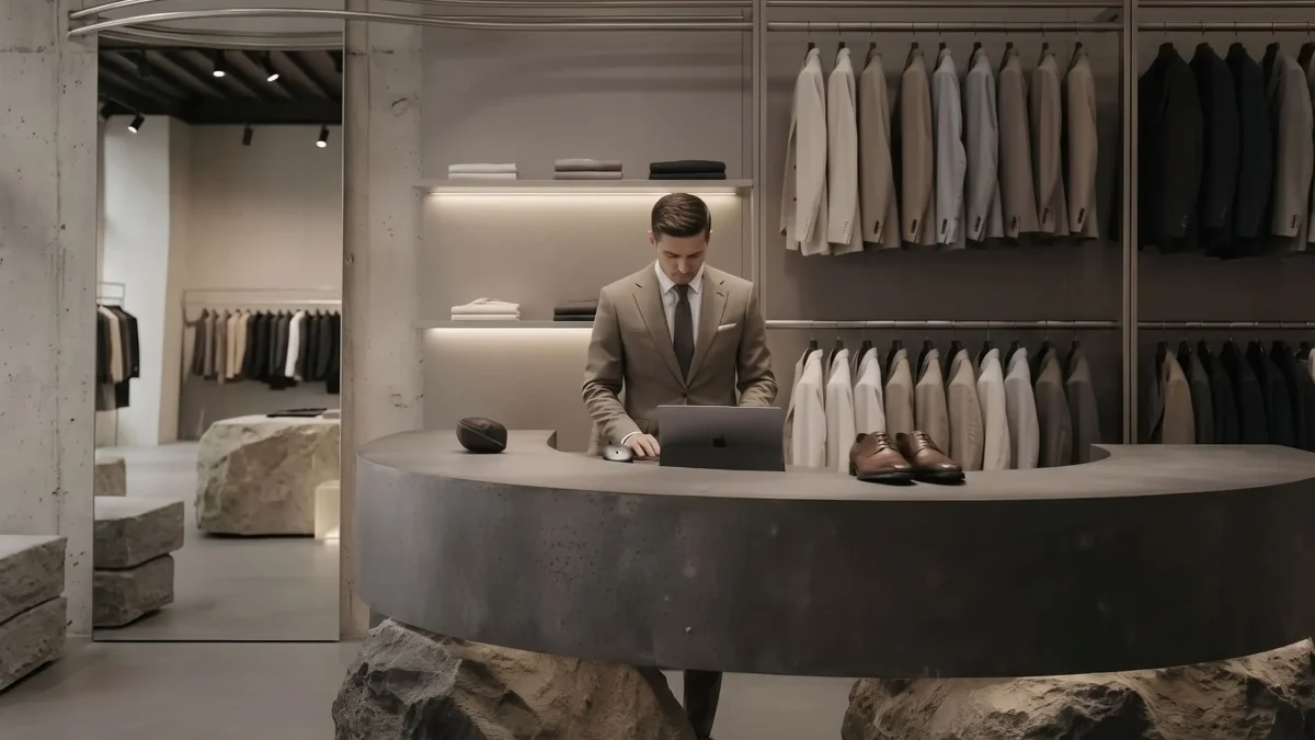 A well-dressed man in a suit stands behind a modern stone counter in a clothing store, beautifully showcasing realtor store design by interioritalia, with neatly arranged jackets, shirts, and shoes on display.