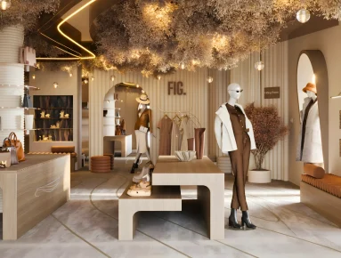 A modern boutique with minimalist decor, neutral tones, mannequins dressed in brown and white outfits, handbags displayed on tables and shelves, and dried foliage hanging from the ceiling—featuring a retail interior fit out by Interioritalia.